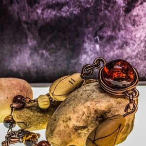 Handmade Fire Glass & Wood Link Bracelet Size 7.5